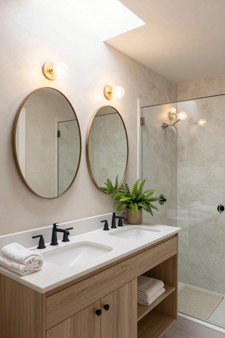Bathroom with light oak double vanity, white quartz countertop, two undermount sinks with matte black faucets, two large round brass mirrors, folded white towels, a potted fern, and glass shower enclosure on beige stone tile walls.