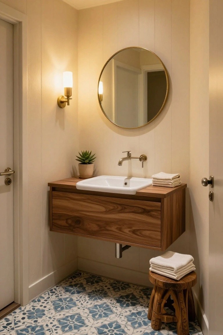 Small bathroom with floating wooden vanity holding white sink, wall-mounted faucet, round gold mirror, potted succulent, folded towels, wooden stool on blue patterned tile floor, and light wood-paneled walls.