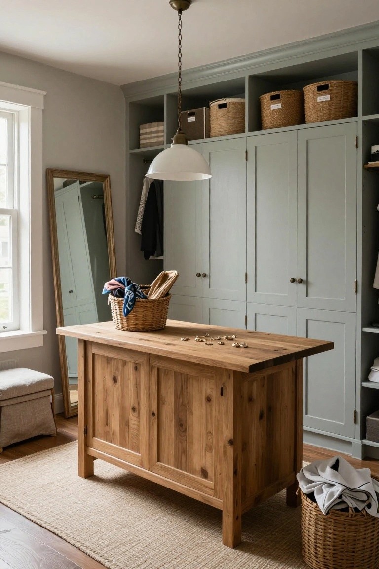 Walk-in closet with sage green built-in cabinets and open shelves holding wicker baskets, central rectangular wooden island with laundry basket and towels, full-length mirror, pendant lamp, and hardwood floor.
