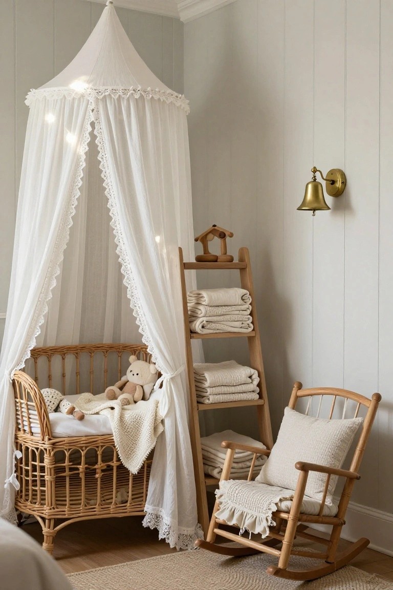 A wicker bassinet under a white lace-trimmed canopy in a pale gray nursery corner, with a teddy bear inside, wooden ladder shelves holding towels, a brass bell wall light, and an oak rocking chair nearby.