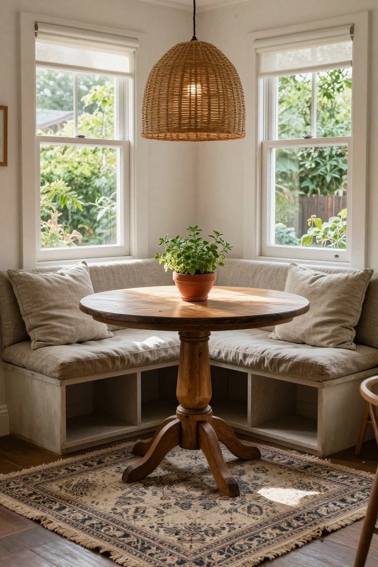 Cozy nook with round wooden table, woven pendant, and built-in window seat.