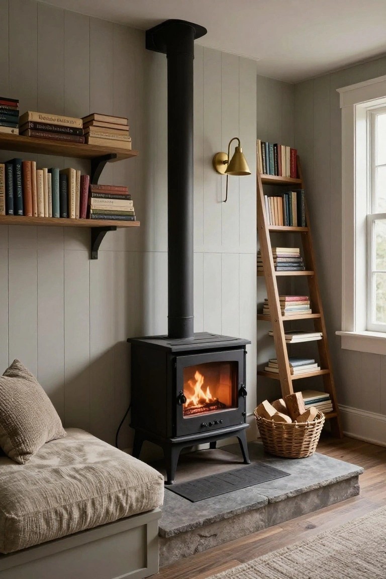Cozy room with wood-burning stove, bookshelves, ladder, and window seat.