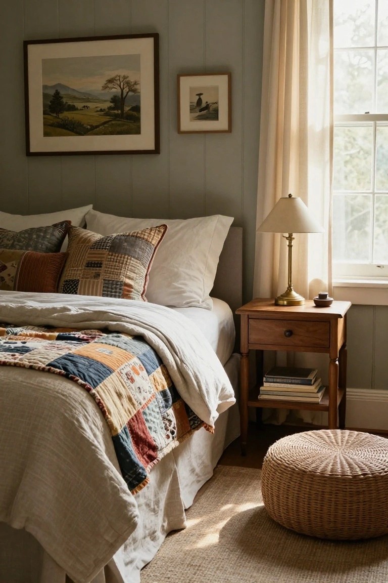 Sunlit bedroom corner with a bed covered in white linens, assorted patterned pillows, and a colorful patchwork quilt, next to a wooden nightstand holding a lamp, books, and a small bowl, plus a round wicker pouf on a seagrass rug against sage green paneled walls.