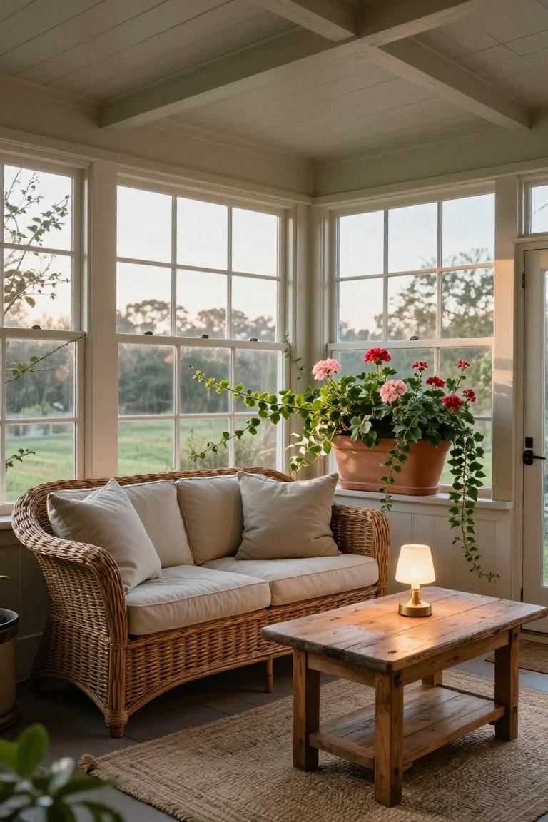 Sunroom interior with large multi-pane windows overlooking trees and fields, a beige wicker loveseat with cushions, wooden coffee table with lamp, potted red geraniums on windowsill, and jute rug on wood floor.