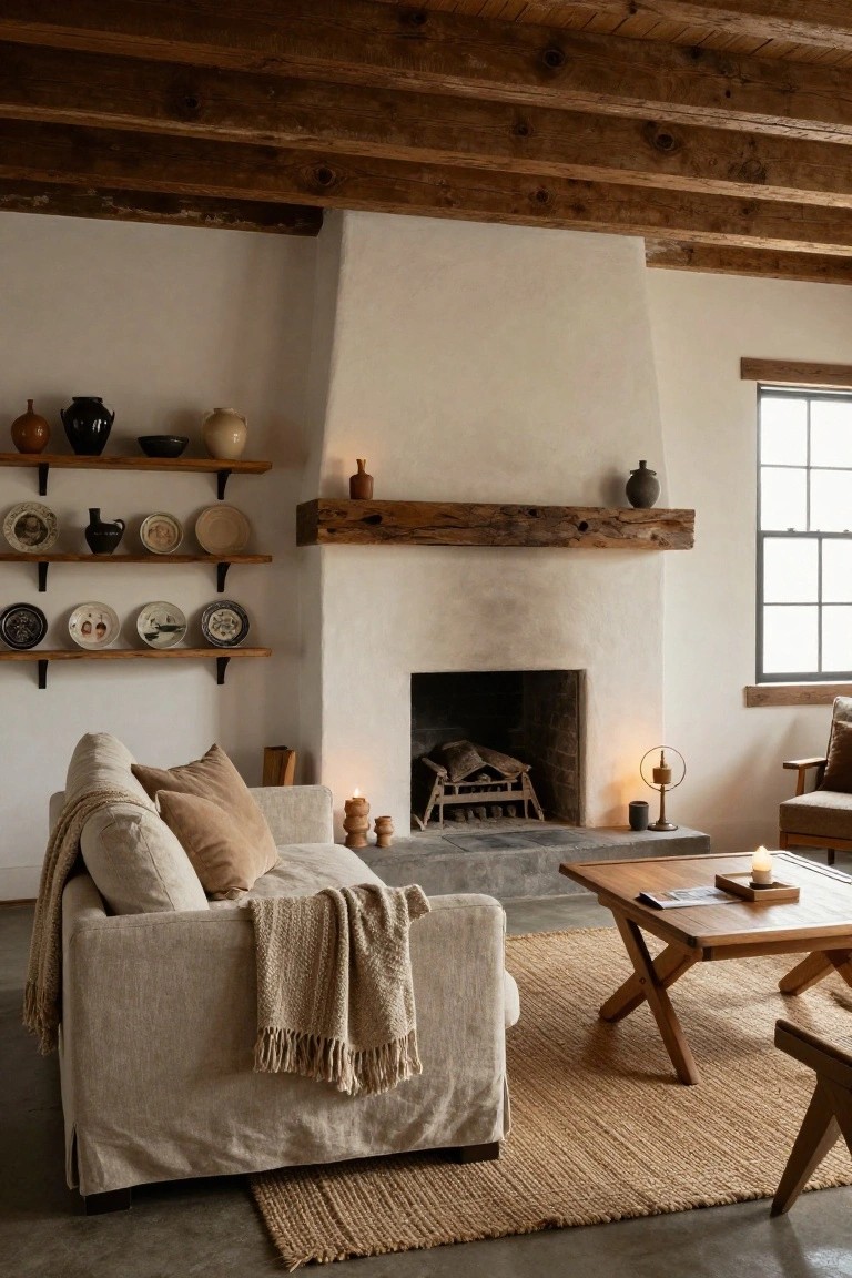 A cozy living room with exposed dark wooden ceiling beams, white plaster walls, a large stone fireplace with wooden mantel, shelves holding pottery and plates, a cream linen sofa with beige pillows and throw, wooden coffee table, and seagrass rug on concrete floor.