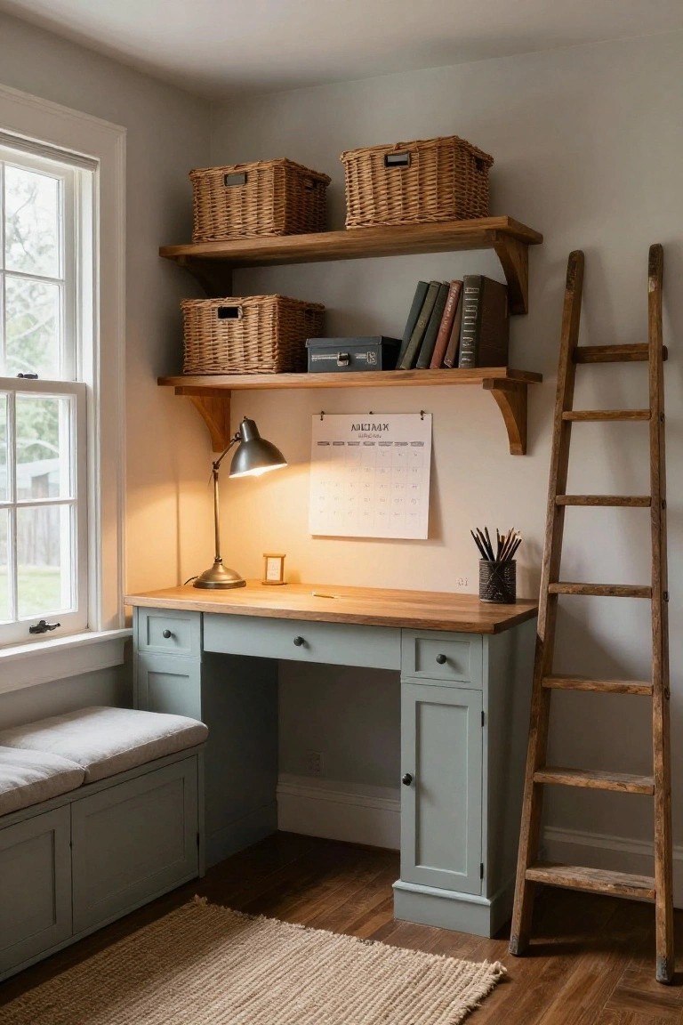 A cozy indoor corner workspace with a turquoise built-in desk topped in oak, a leaning wooden ladder against oak wall shelves holding wicker baskets and books, adjustable desk lamp lit, wall calendar, window with blinds, and seagrass rug on wood floor.