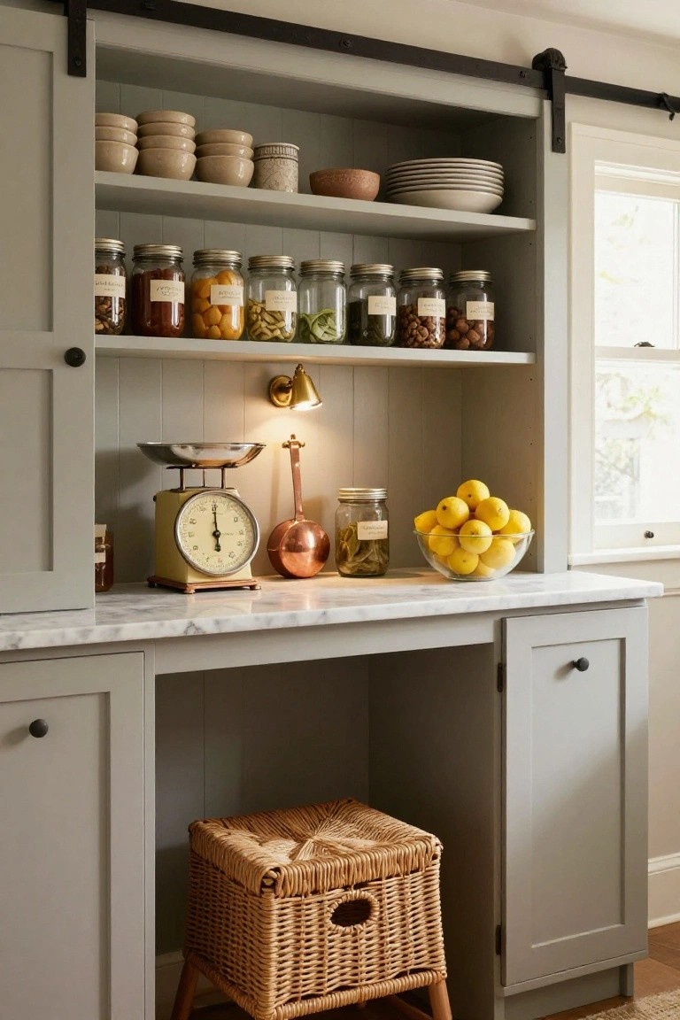 Gray kitchen cabinet unit with black sliding barn door, open shelves holding jars of pantry items, stacked bowls and dishes, marble countertop with vintage scale, copper pot, jar of herbs, bowl of lemons, and wicker basket on floor.