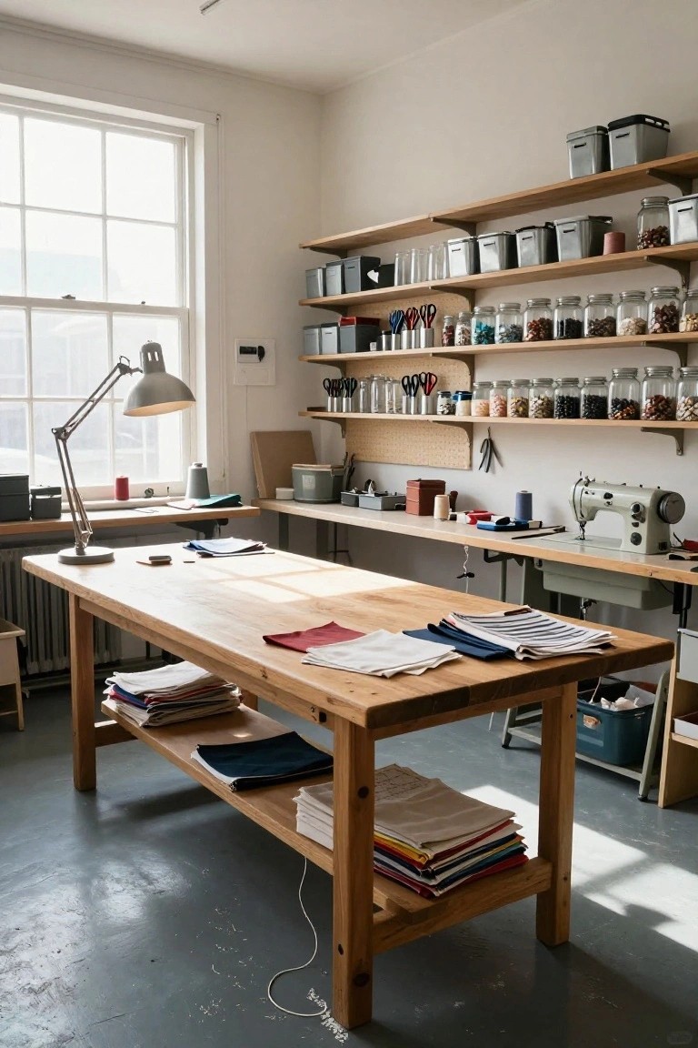 Light-filled workshop interior with extensive open wooden wall shelves stocked with glass jars of beads and supplies, metal bins, scissors, and tools; central wooden workbench piled with fabric stacks; sewing machine on side table; desk lamp and window.