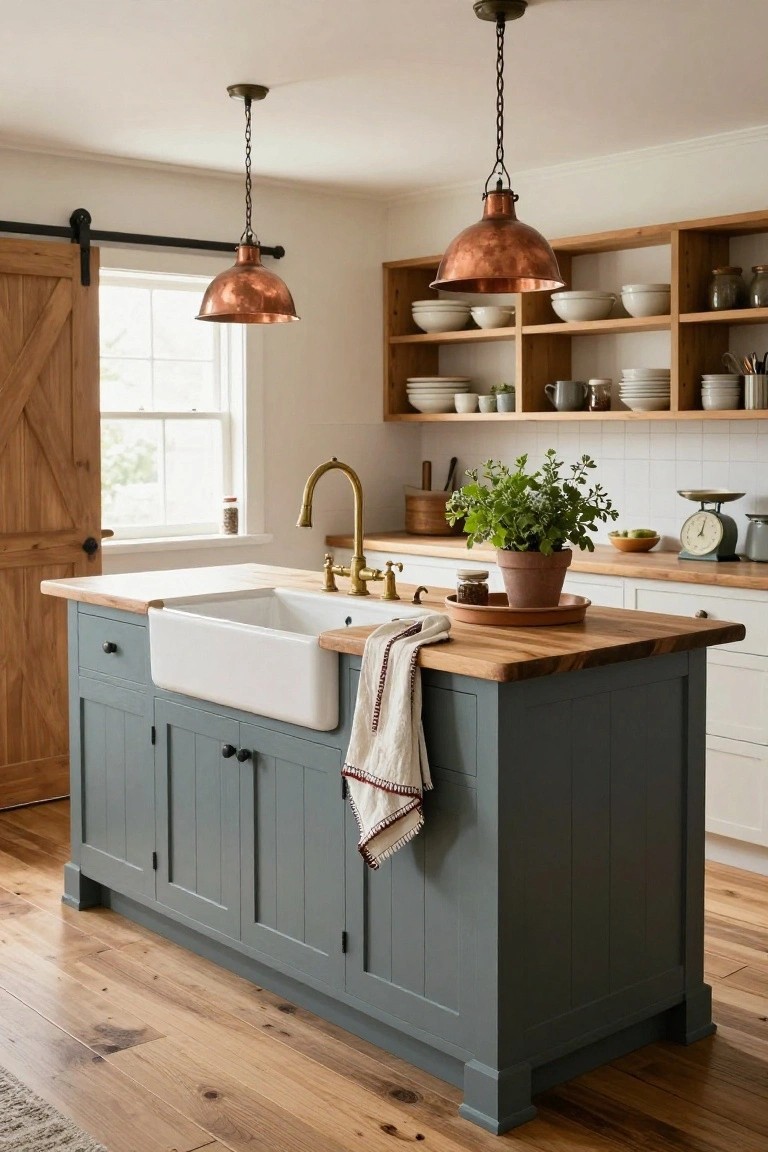 Kitchen interior with central teal-painted island featuring white farmhouse sink, brass faucet, wood countertop, draped towel, surrounded by wooden cabinets, open shelves with dishes, copper pendant lights, and barn door.