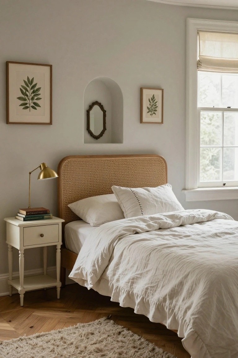 A bedroom with a beige rattan headboard on a bed dressed in white linens, a white nightstand holding a brass lamp and stacked books, greige walls with botanical art prints and an arched mirror niche, hardwood floors, and a cream shag rug.