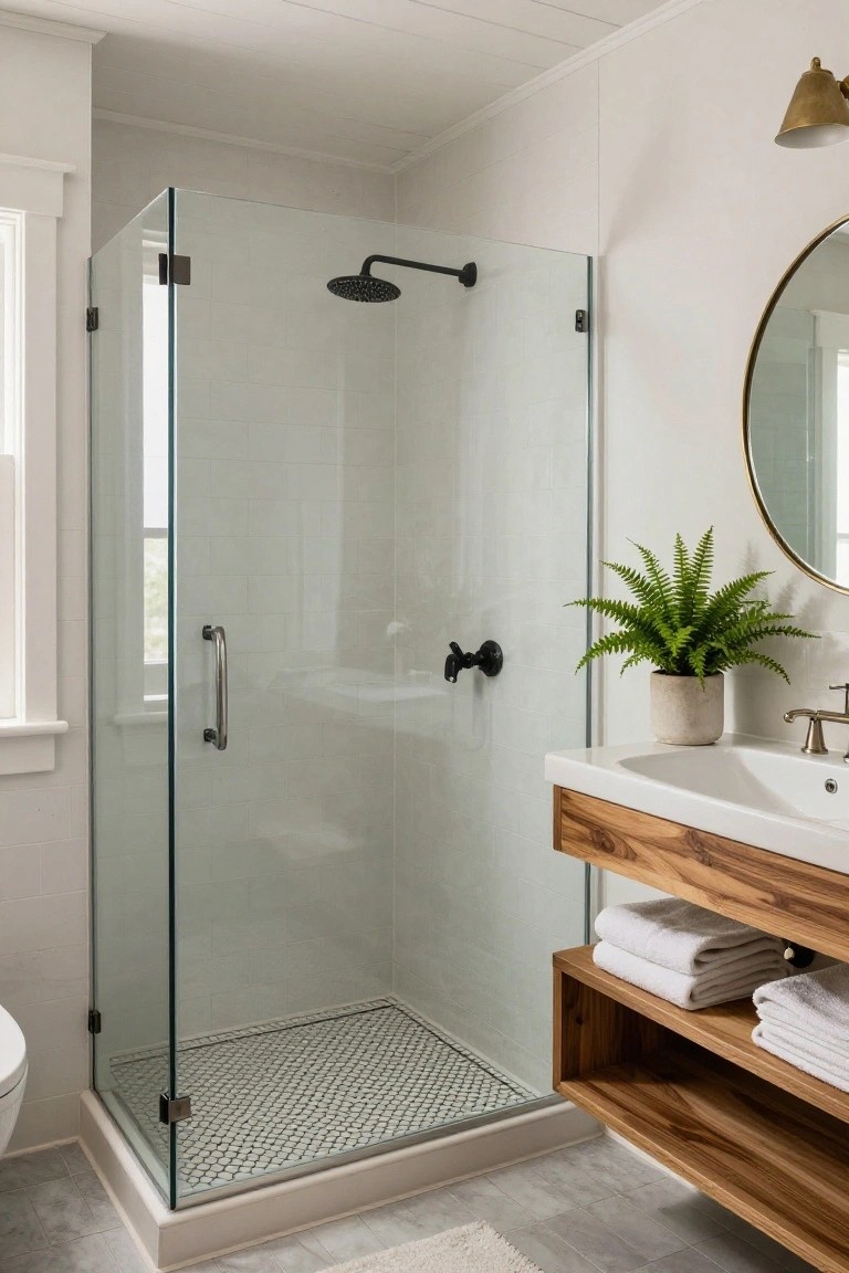 A small white bathroom with frameless glass shower enclosure on penny tile floor, floating wooden vanity with open shelves holding folded white towels, round gold mirror with potted fern plant, brass faucet and light fixture, and toilet nearby.
