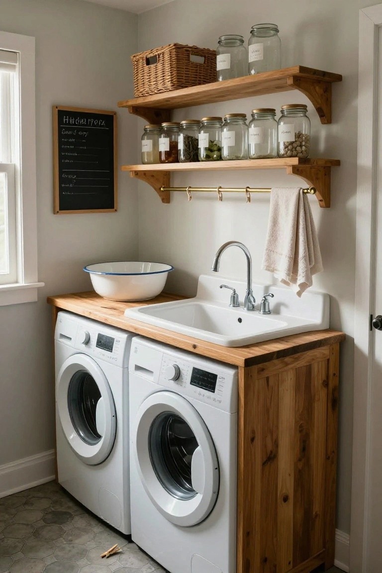 A laundry room with two white front-loading washers next to a wooden cabinet topped by a white enamel sink, wooden shelves holding glass jars above, a hanging towel, and a chalkboard on the wall.