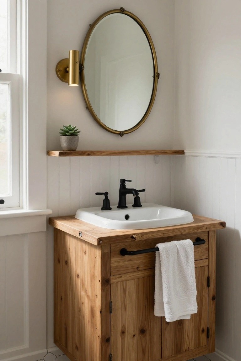 Corner bathroom with light wooden vanity cabinet, white oval sink, black bridge faucet, gold-framed oval mirror on wall sconce, wooden shelf holding potted succulent, white shiplap walls, and window.