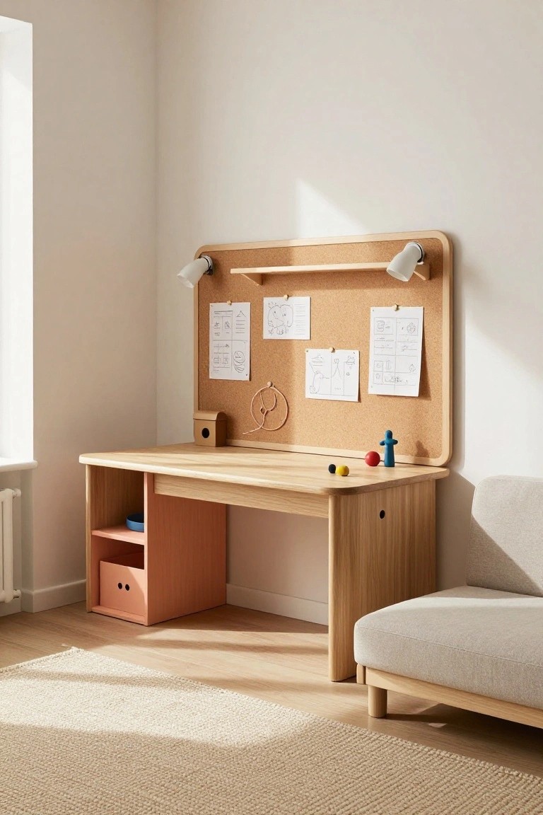 Wooden children's desk with integrated corkboard backboard holding pinned papers and drawings, wall-mounted lamps, storage cubbies with pink bins, and small toys on the surface in a beige room.