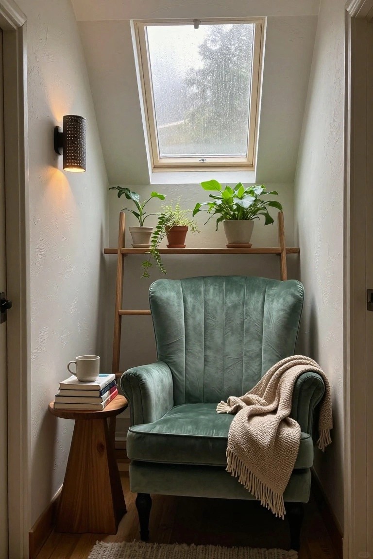 Narrow attic room with white walls, sloped ceiling, skylight showing rainy trees, black wall light, wooden ladder shelf holding potted plants, green velvet tufted armchair with throw, wooden side table with books and mug, doors on sides, wooden floor with rug.