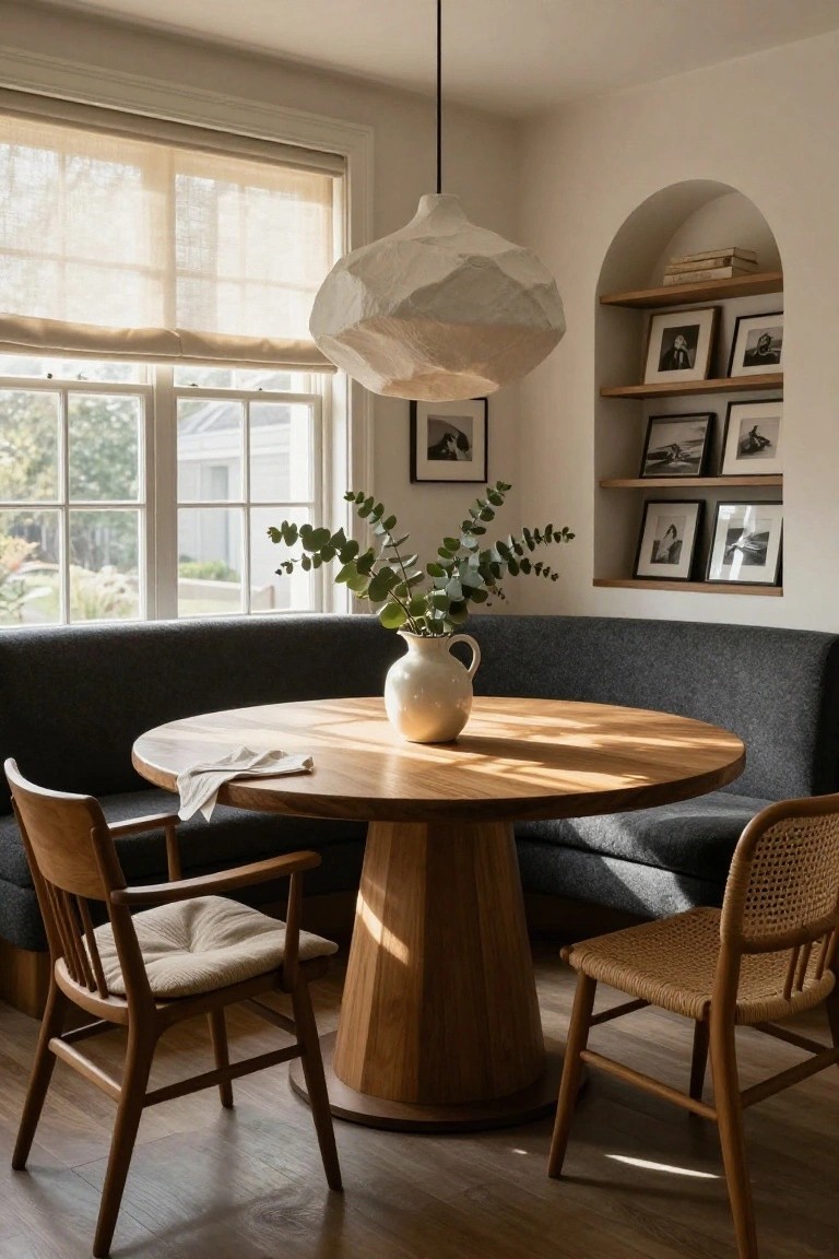 A sunlit dining nook with a gray fabric banquette seating around a round wooden table holding a white vase of eucalyptus branches, flanked by wooden chairs, arched wooden shelves with framed photos, and a large paper lantern pendant light.