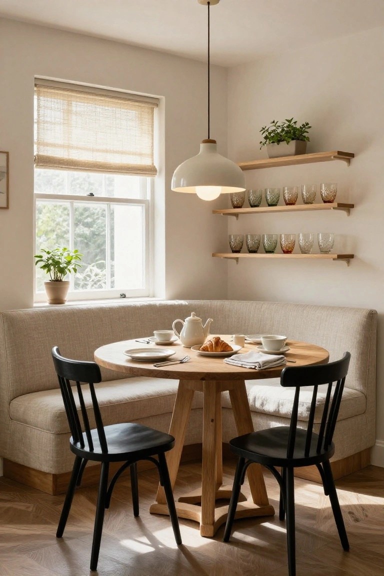 Cozy breakfast nook with round wooden table, black chairs, and floating shelves.