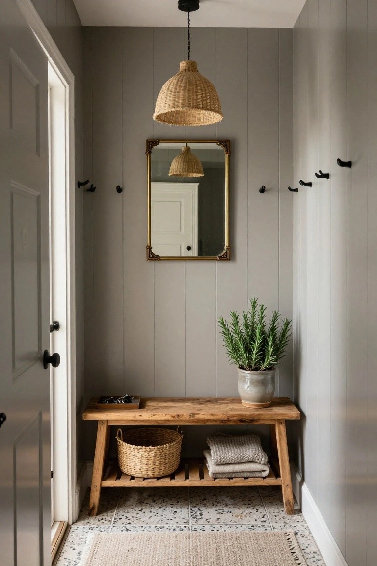 Narrow interior entryway with light gray shiplap walls, rattan pendant light, gold-framed mirror, black coat hooks, potted rosemary plant on floor, wooden bench with wicker basket and folded linens underneath, and terrazzo tile floor with seagrass rug.