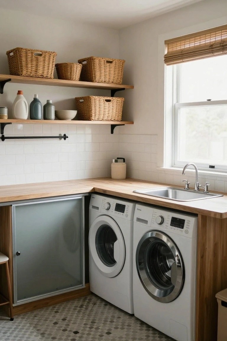Laundry room with side-by-side white front-loading washers and dryers under light wood countertop and cabinets, stainless steel sink, open wooden shelves with wicker baskets and laundry bottles, white subway tile walls, and bamboo window blinds.