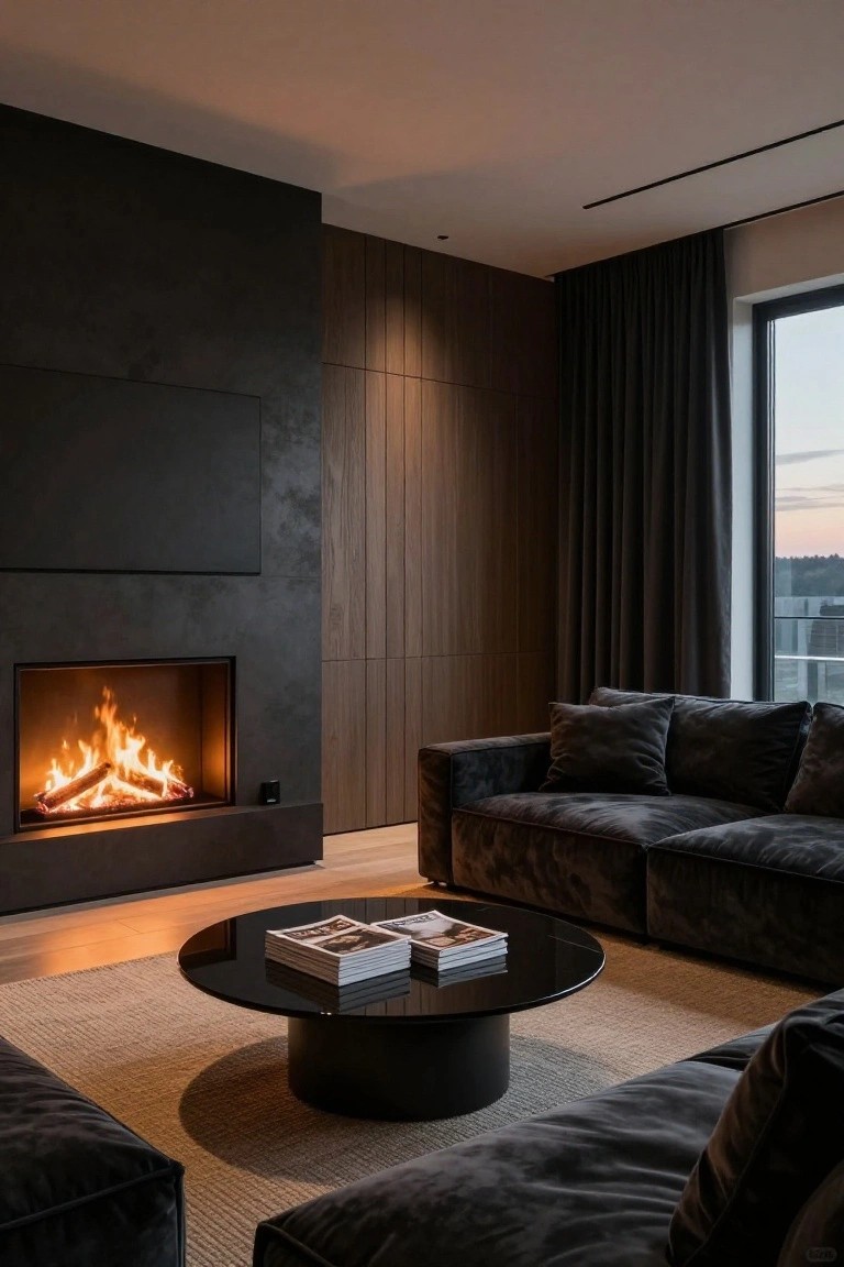 Modern living room with a black textured wall featuring a built-in fireplace with flames, dark wood paneling, black velvet L-shaped sofa, round black coffee table on beige rug, wood floors, and large window with black curtains overlooking dusk landscape.