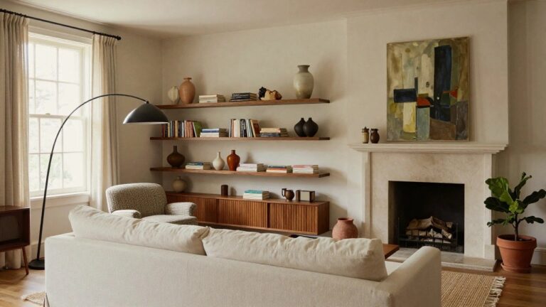 18 Cozy Modern Interior Designs That Feel Effortlessly Stylish A light-filled living room with a beige stone fireplace and wooden mantel displaying pottery and books, a white slipcovered sofa and armchairs, round wooden coffee table, abstract painting on the wall above, bookshelves, potted plants, and jute rug on hardwood floors.