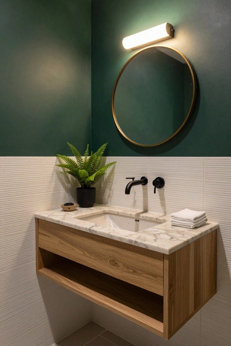 Corner bathroom with deep green upper walls, white vertically grooved lower tiles, floating oak vanity topped with white marble sink and black wall faucet, gold round mirror, potted fern, and folded towels.