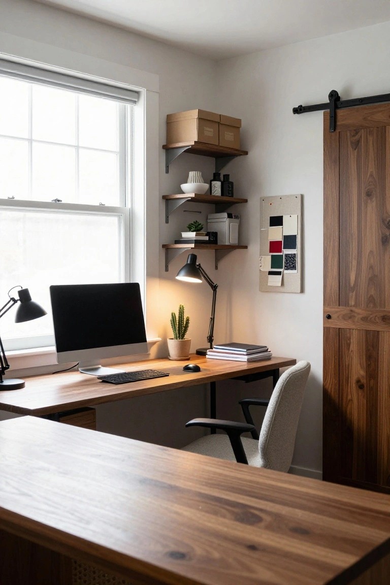Modern home office featuring an L-shaped walnut desk with a Mac monitor, keyboard, desk lamps, potted cactus, floating shelves with books and boxes, and a barn-style sliding door.