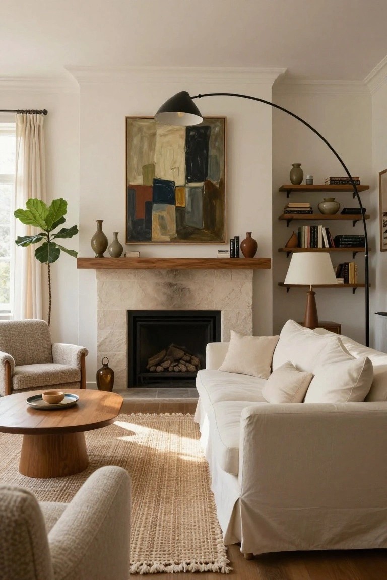 A light-filled living room with a beige stone fireplace and wooden mantel displaying pottery and books, a white slipcovered sofa and armchairs, round wooden coffee table, abstract painting on the wall above, bookshelves, potted plants, and jute rug on hardwood floors.