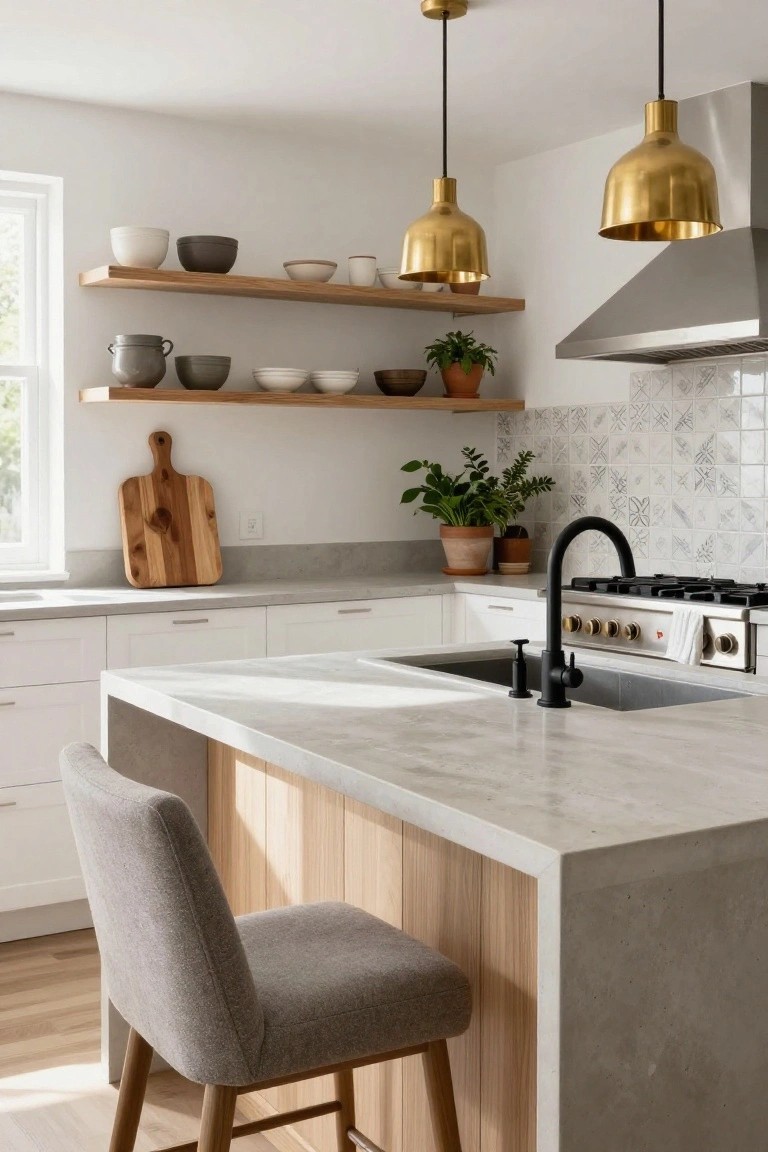 Modern white kitchen with open wooden shelves displaying ceramic bowls and plants, concrete waterfall island, gold pendant lights, black faucet and sink, and gas range.