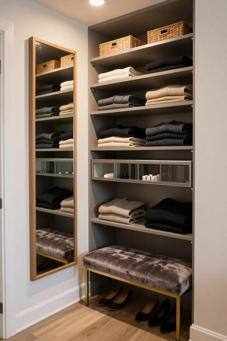 Corner walk-in closet with oak-framed full-length mirror on left, open gray shelves holding folded sweaters, towels, and wicker baskets, glass-fronted drawers with small items, tufted purple velvet bench with black high-heel shoes underneath, on light wood floor.