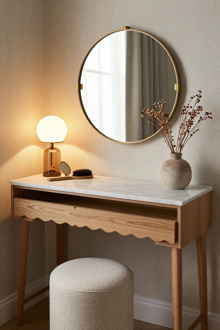 Corner vanity table with light oak wood frame featuring scalloped drawer edge, white marble top, gold-framed round mirror, glass globe lamp on gold base, wooden-handled brush, beige vase with dried branches, and cream pouf stool against textured beige wall.