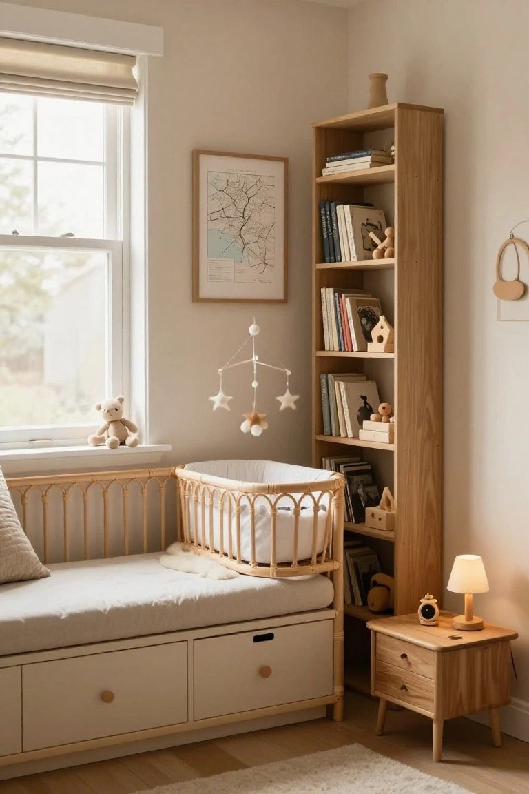A cozy nursery interior with a white rattan co-sleeper crib on a low wooden frame bed, tall wooden bookshelf filled with books and toys, wooden side table with lamp and clock, teddy bear on windowsill, and mobile hanging from ceiling.