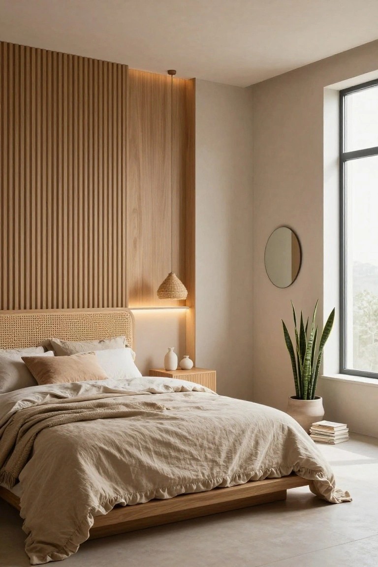 A modern bedroom with a low wooden platform bed draped in beige linens, rattan headboard against a vertical light wood slat wall, two nightstands with white vases, a potted snake plant, round mirror, woven pendant light, and large window.