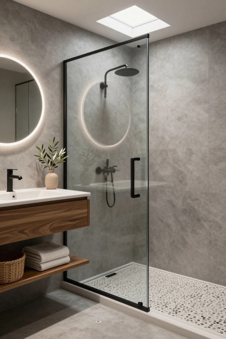 Modern bathroom with gray textured walls, floating wooden vanity under a round backlit mirror, olive branch in vase, and frameless glass shower enclosure with pebble tile floor and rainfall showerhead.
