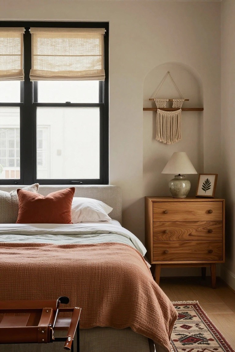 A bedroom corner with a gray upholstered bed topped by white sheets, terracotta pillows and quilt, wooden nightstand holding a ceramic lamp and framed leaf print, arched niche with beige macrame hanging, black-framed windows with linen roman shades, and brown leather stool on wood floor with patterned rug.