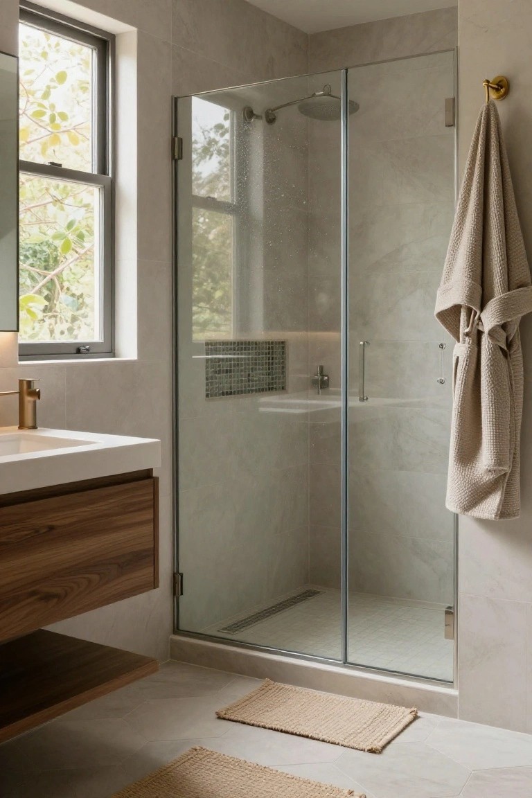 Modern bathroom with floating wooden vanity under wall-mounted gold faucet, frameless glass shower enclosure with mosaic niche, light gray porcelain tiles on walls and floor, beige towel on hook, and woven rugs.