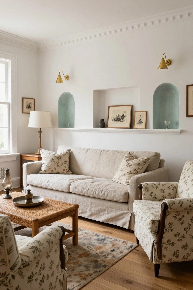 Living room featuring a beige linen slipcovered sofa and two armchairs with floral upholstery, wood coffee table, floor lamp, and arched teal-painted wall niches displaying framed artwork and a vase on hardwood floors.