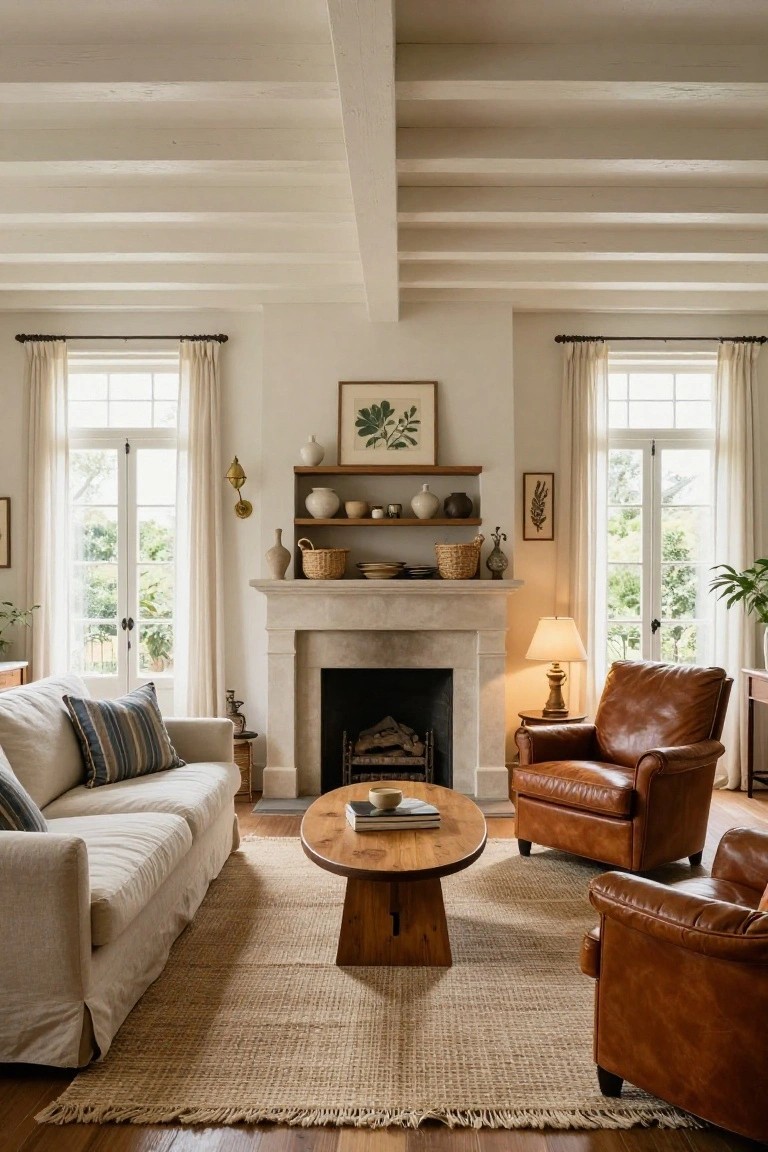 Living room featuring white walls, exposed whitewashed wooden ceiling beams, limestone fireplace with wooden shelves above, cream slipcovered sofa, tan leather armchairs, wooden coffee table, and seagrass rug.