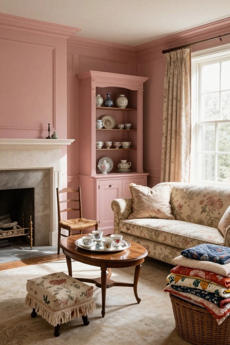 A colonial living room with blush pink paneled walls and matching built-in corner cabinetry displaying blue and white china, beside a marble fireplace, floral sofa, low table with teacups, footstool, and basket of quilts on the floor.