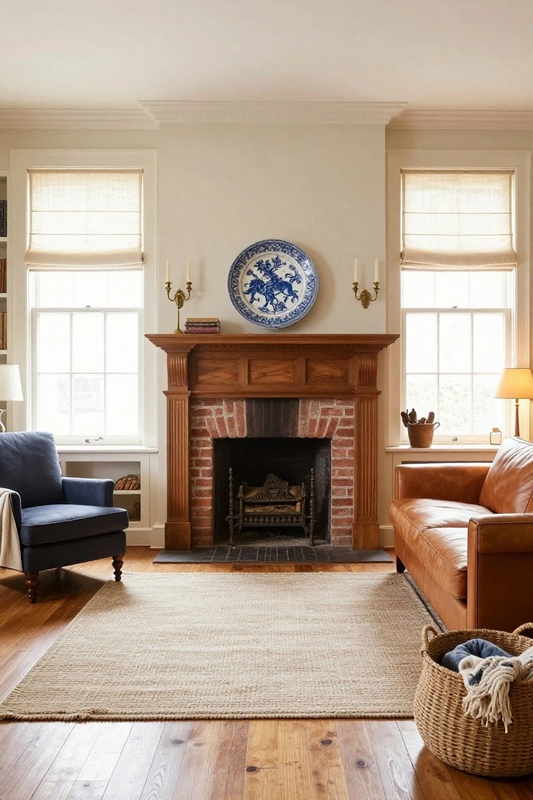 Living room interior with central brick fireplace in wooden mantel surround, blue and white plate above mantel, leather sofa and armchair, neutral rug, hardwood floors, and large windows with shades.