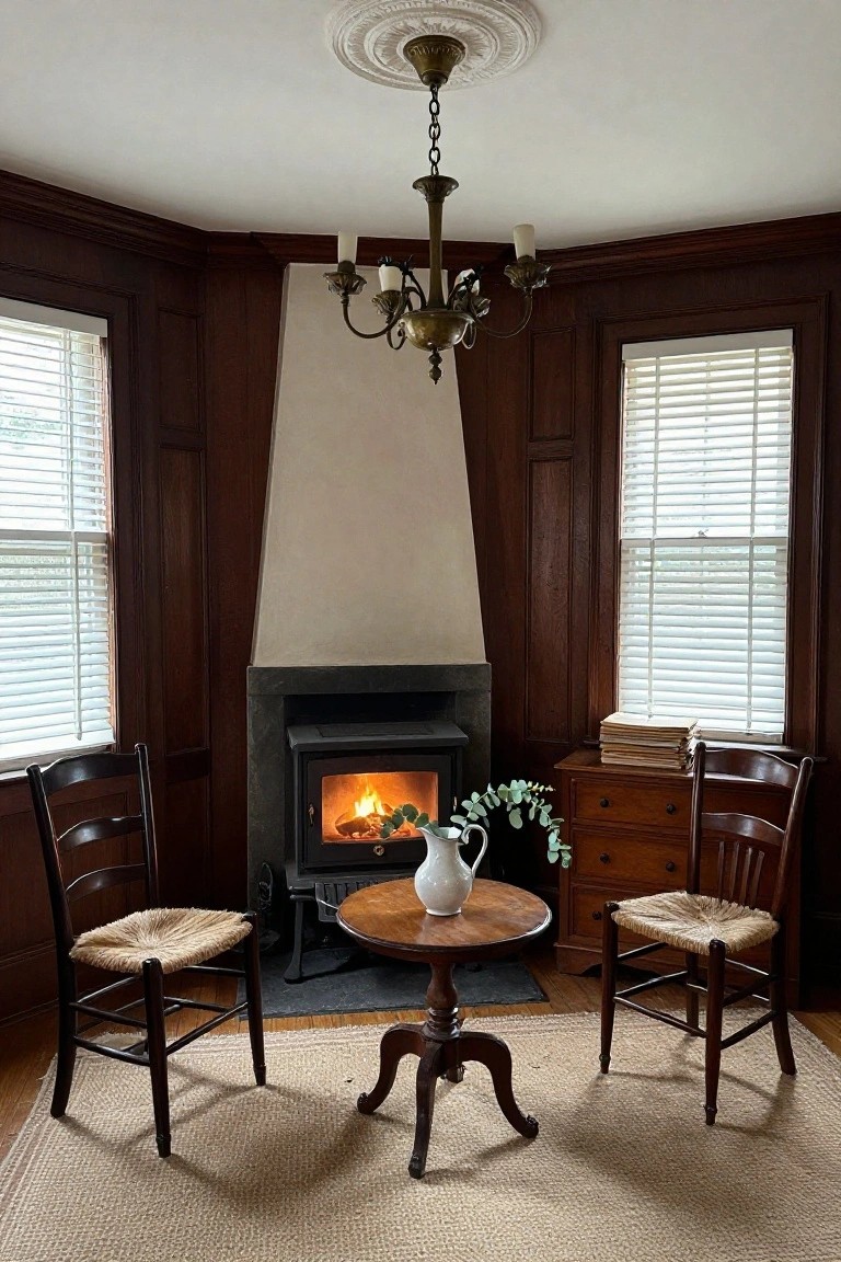 Wood-paneled corner room featuring a lit fireplace, two wooden chairs with rush seats around a small round pedestal table, a chandelier overhead, wooden dresser with eucalyptus, books, and white jug on top, windows with blinds.
