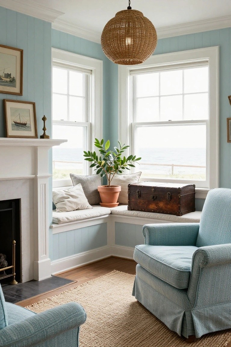 Light blue shiplap-paneled corner of a living room with white fireplace, built-in window seat holding gray and white pillows plus potted plant and wooden trunk, blue armchair nearby, rattan pendant light, and ocean view through large windows.