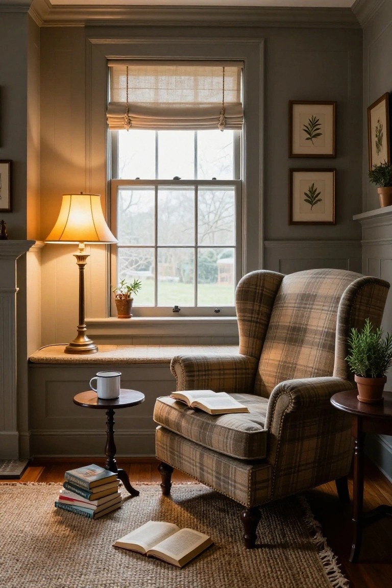 Gray-walled interior room corner featuring a built-in window seat with brass lamp and potted plant, plaid wingback armchair with open book, side table with mug, stack of books on seagrass rug, and botanical prints on walls.