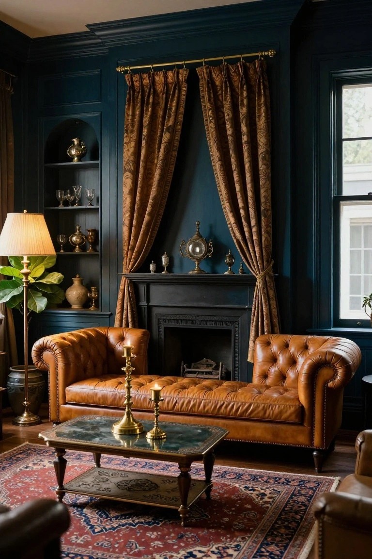 Living room interior with deep navy blue paneled walls, tufted brown leather chaise and armchair, black marble fireplace, brass candelabras and decor on glass-top table, bronze patterned drapes, and Persian rug.