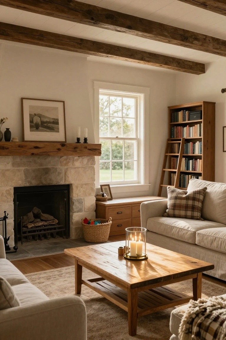 Cozy living room with dark exposed wooden beams on white ceiling, stone fireplace with fire, cream sofa, wooden coffee table with candles, ladder bookshelf, and window showing trees outside.