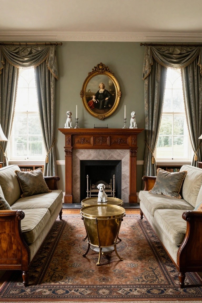 Colonial-style living room featuring two cream sofas facing each other across a brass drum table in front of a wood fireplace mantel topped with a gold-framed portrait of a woman and child, sage green walls, gray drapes on tall windows, and white dog statues on the mantel.