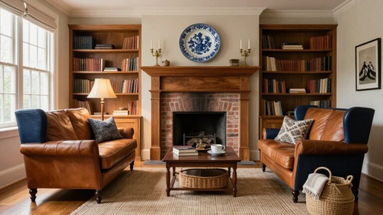 Living room interior with central brick fireplace in wooden mantel surround, blue and white plate above mantel, leather sofa and armchair, neutral rug, hardwood floors, and large windows with shades.
