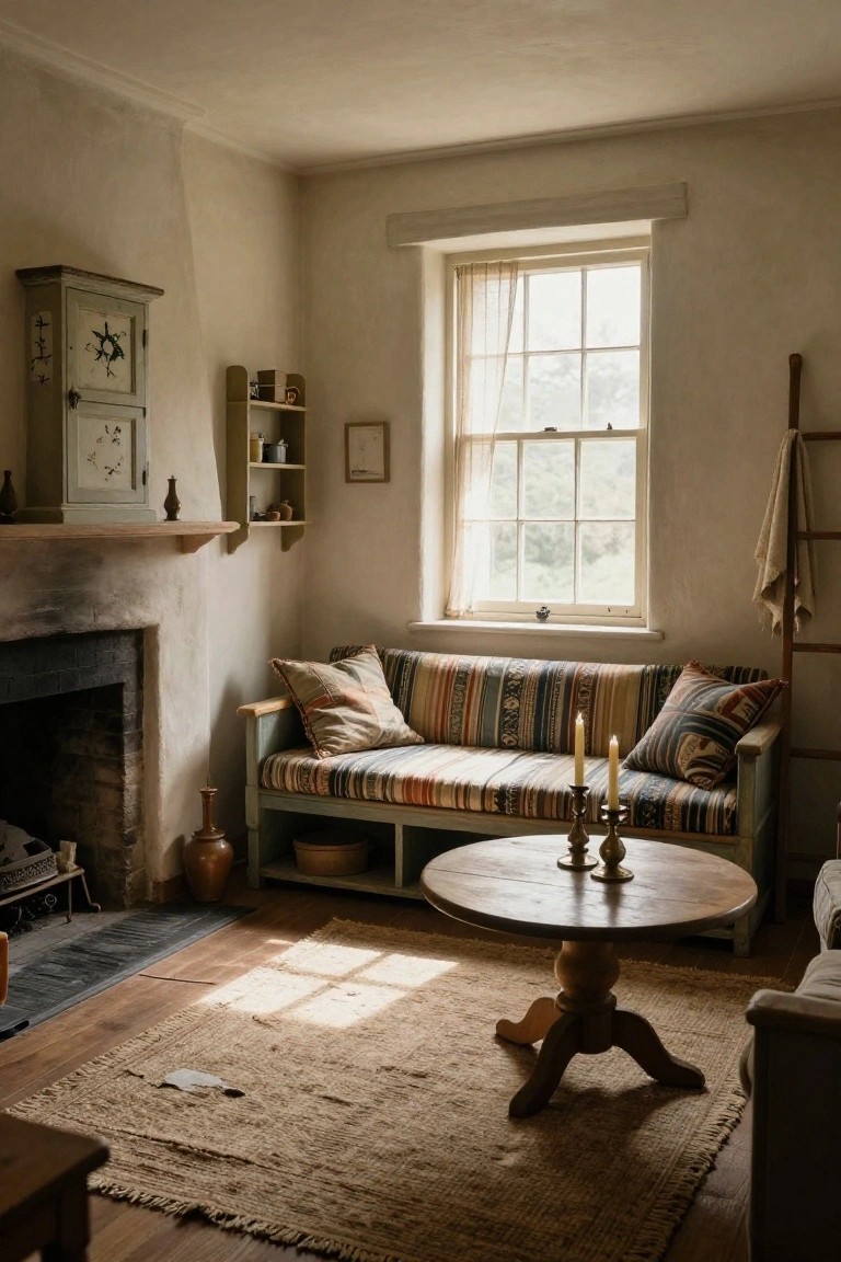 Small interior room with whitewashed walls, stone fireplace, colorful striped bench sofa with pillows, wooden round table holding brass candlesticks, shelves, and woven rug on wood floor.