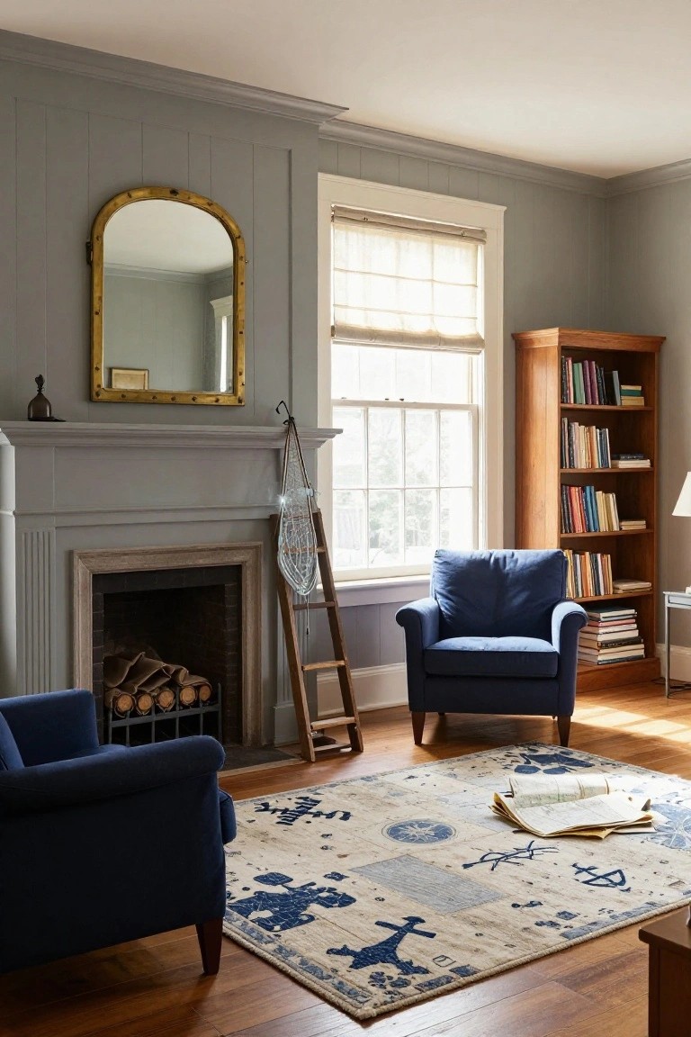 Gray paneled living room with a brick-surround fireplace stacked with firewood, two navy blue armchairs on a blue and white oriental rug, wooden bookshelves, brass convex mirror, and window with sheer shades.