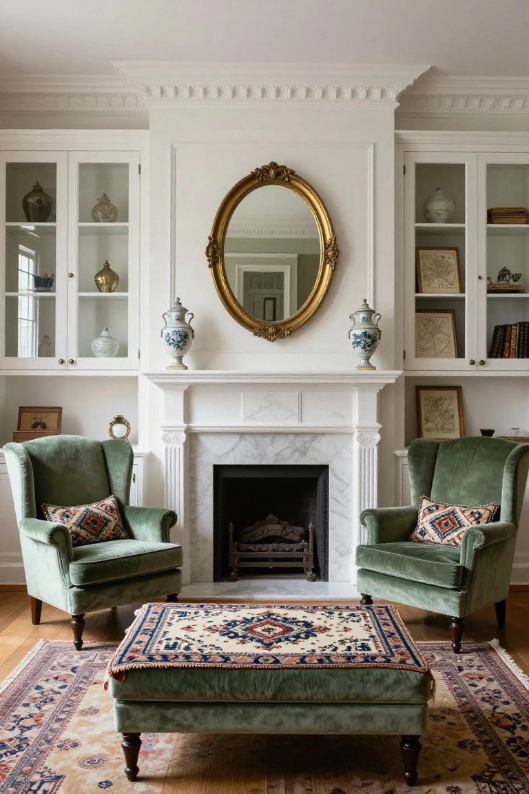 A living room with two green velvet wingback chairs and a matching green velvet ottoman arranged in front of a white marble fireplace, white built-in cabinetry on either side, a large gold oval mirror above the mantel, and patterned rugs on hardwood floors.